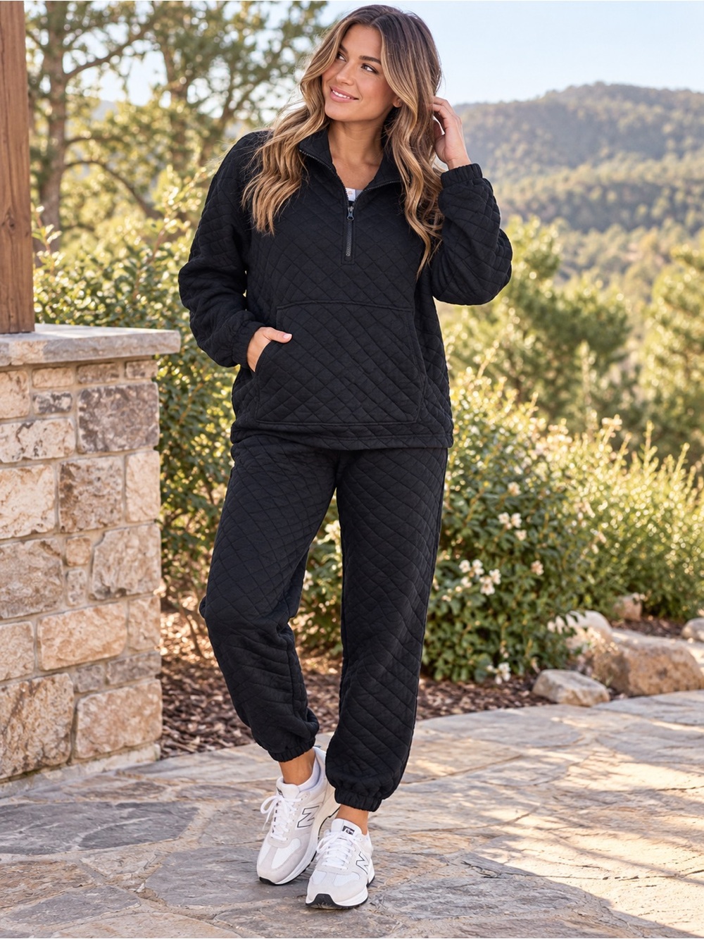Mono B Quilted Black Half-Zip Jogger Set *Would fit a Medium